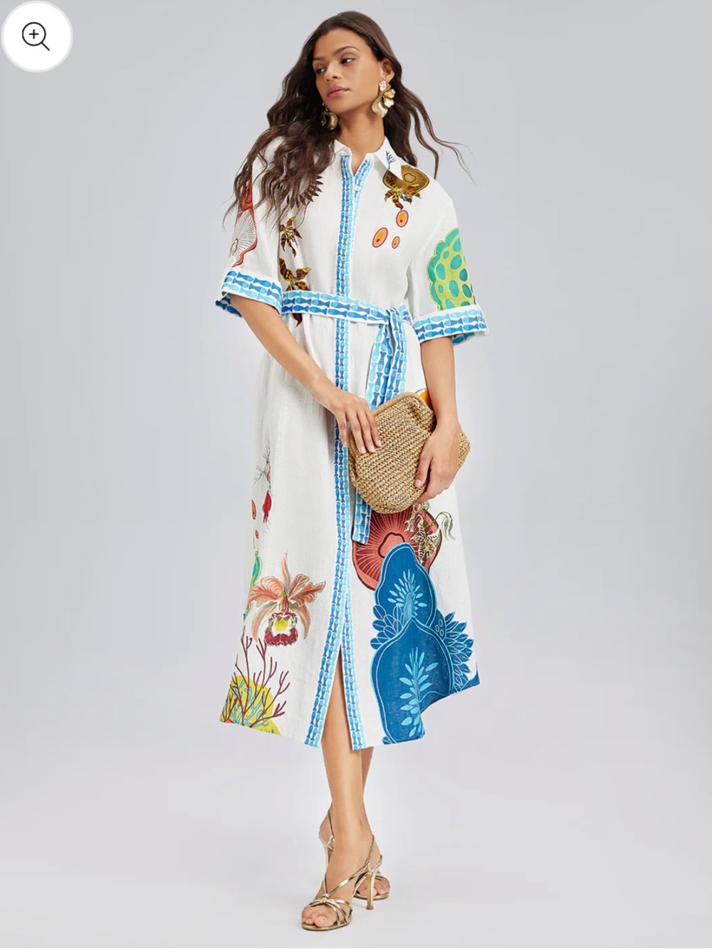 NWT Rich Radi Q's Breathable Natural Linen Printed Shirt Dress Size Large $389